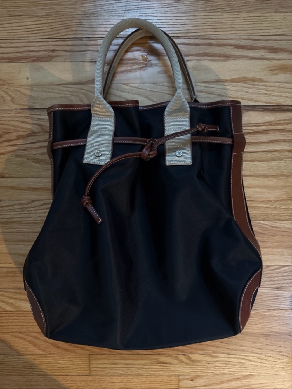 Lancel Paris Classic Black Canvas Tote with Tan Leather Drawstring Trim